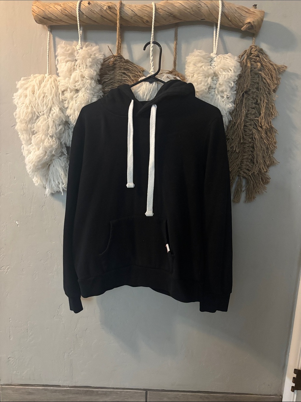 Women's Black Pullover Hoodie with White Drawstrings